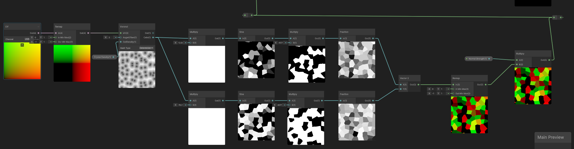 Using Voronoi Cells output with Sine and Fraction nodes to build a Hash function for flicker-free constant refraction vectors